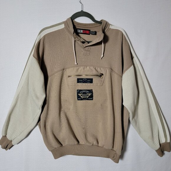 Todays News Men Designer Sweatshirt Sz L 1/4 Button & Tie Pullover Beige Classic - Picture 2 of 15